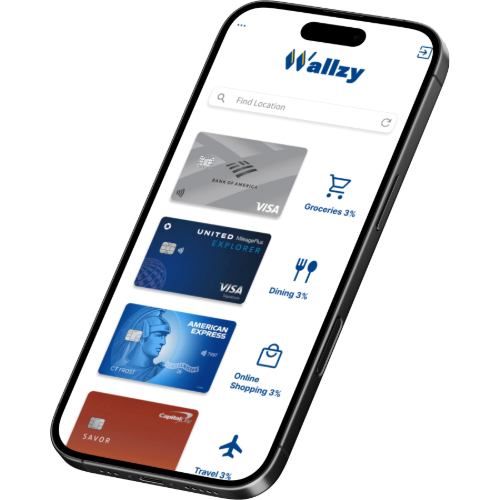 Wallzy app interface showing credit card rewards by category